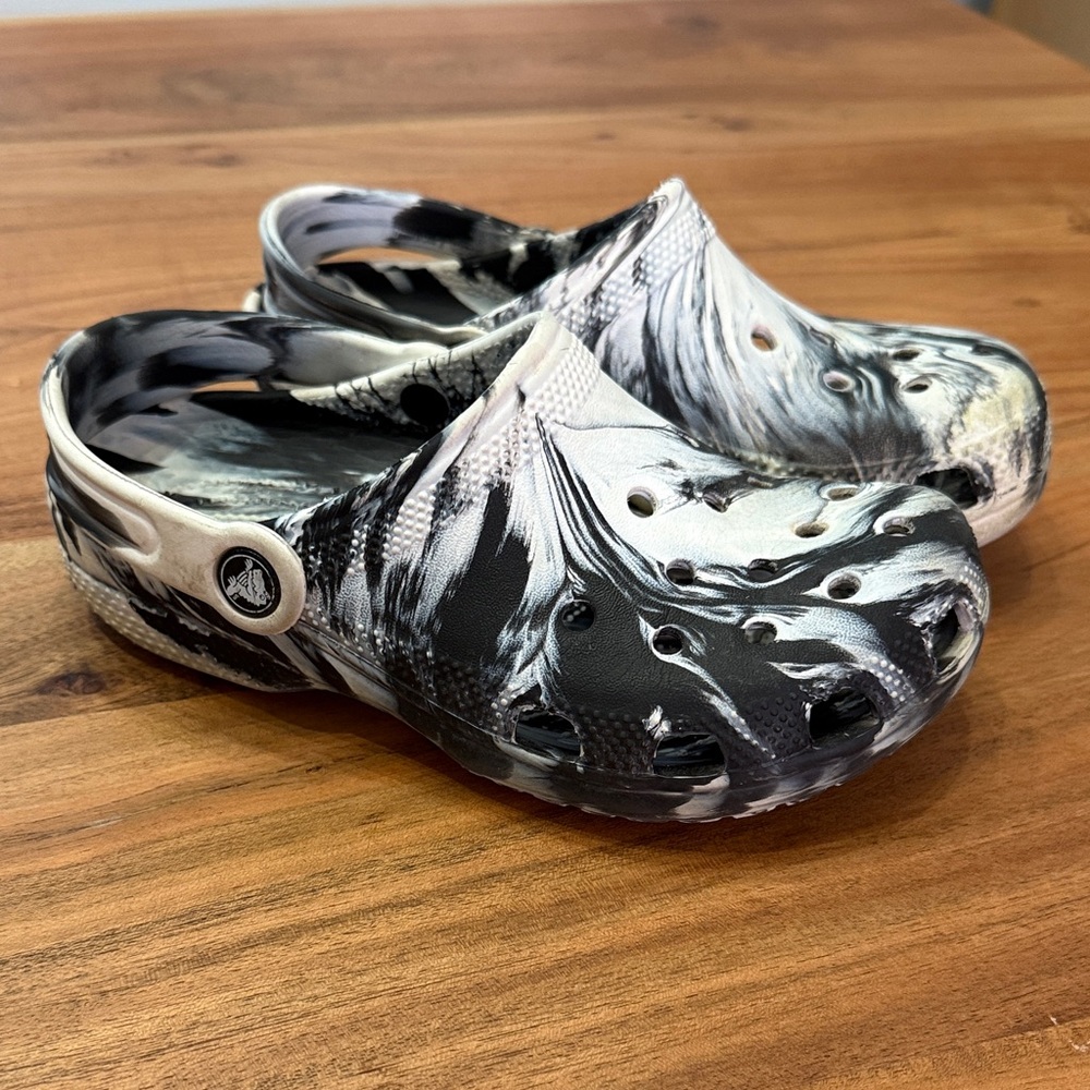 CROCS Kids Black and White Marble Clogs